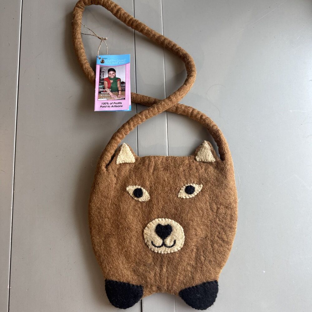 Earth Divas Felted Wool Bag, Brown bear Fair Trade Made - Picture 2 of 11